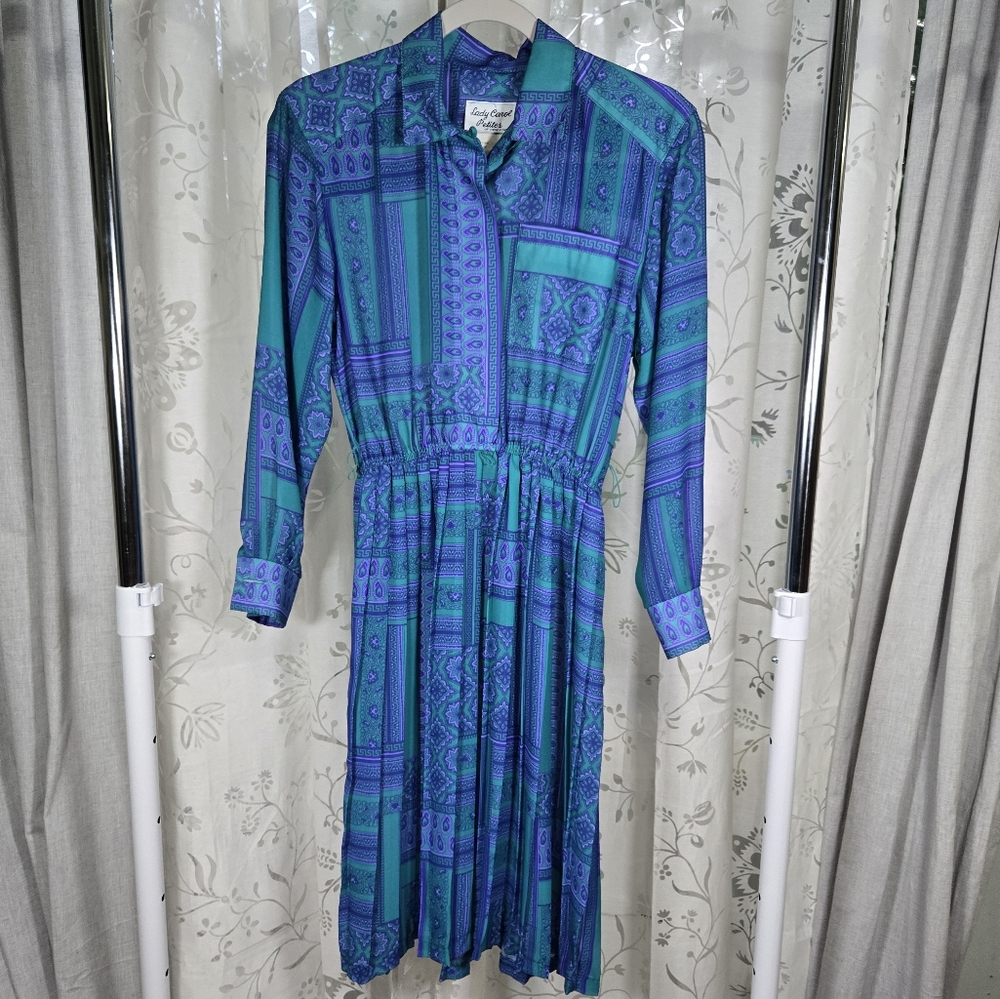 80s Vintage Midi Pleat Dress, Lady‎ Carol Secretary Dress, Blue and Green Retro